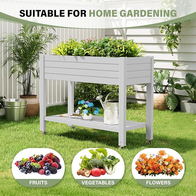 33.7" Tall Raised Garden Bed with Wheels, Divisible Resin Planter Box with Drainage Gauge & Storage Shelf, Herb Planter for Garden Patio Backyard, Medium Ashen (33.7" h)