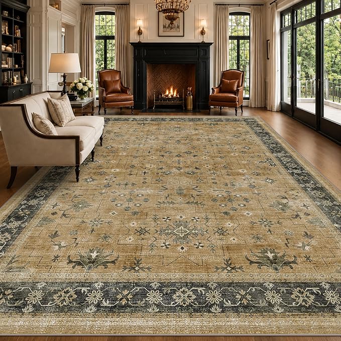 Vintage Boho 8x12 for Living Room - Machine Washable Rugs for Bedroom, Rustic Brown and Charcoal Olive Dining Room Rugs for Under Table, Low Pile Non-Slip Rubber Backing & Stain Resistant