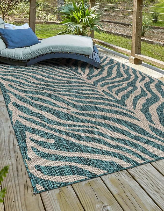 Unique Loom Outdoor Safari Collection Area Rug - Tsavo (10' x 14' 1" Rectangle, Teal/ Ivory)