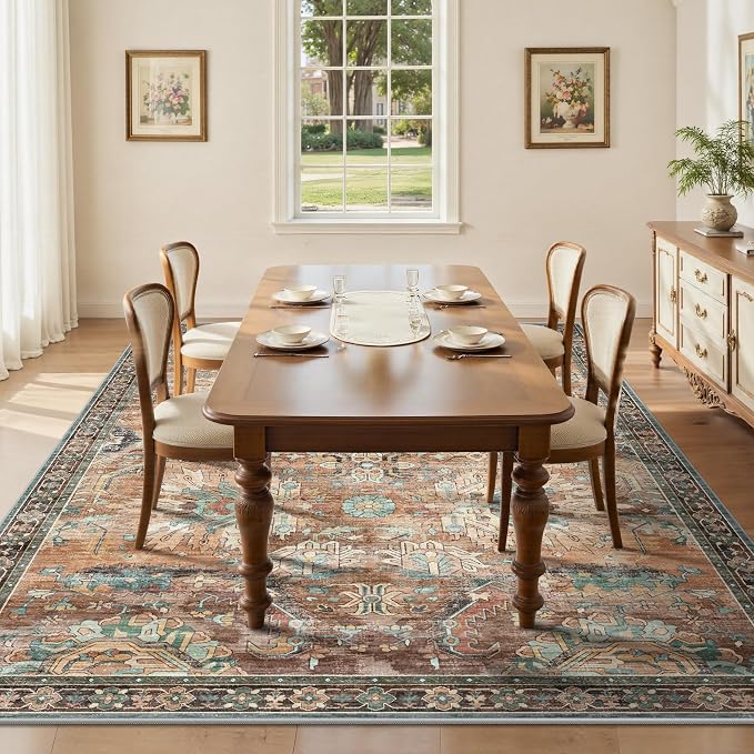 5x7 Area Rugs, Vintage Retro Soft Washable Rug, Non-Slip Low Pile Rugs for Living Room, Bedroom, Dining Room, Stain Resistant Home Decor Rug (Vintage Orange/Brick)