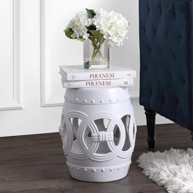 JONATHAN Y Lucky Coins 16" Ceramic Garden Stool, Contemporary White Cutout Interlocking Rings Drum Indoor/Outdoor Side Table and Plant Stand for Patio, Garden, Living Room TBL1022A