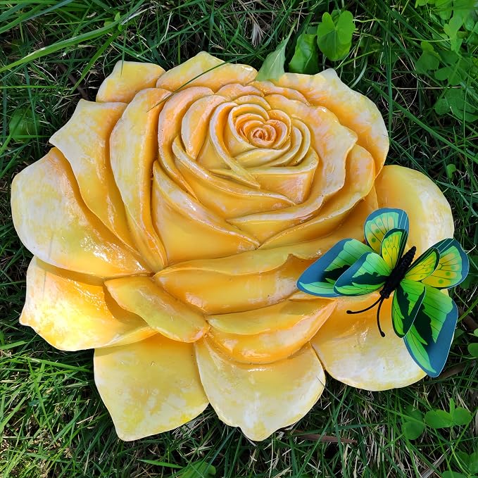 Garden Stepping Stones Outdoor Walkway – Resin Rose Flower Pavers for Path, Lawn & Backyard – Round Decorative Yard Art Decor, Friendship giveaways – Set of 2, Yellow