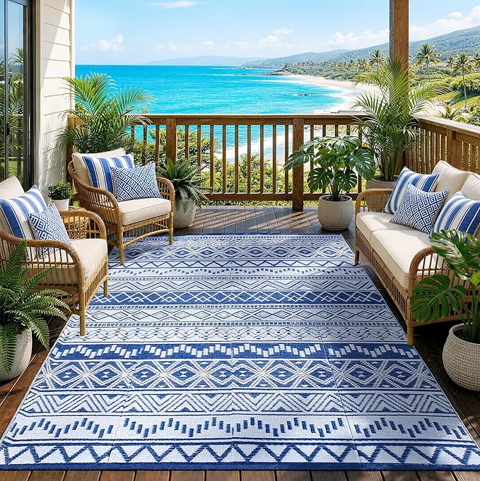 Blue Outdoor Rug Waterproof 5 x 8 ft, Reversible Plastic Straw Rug for Patio, Large Outdoor Carpet for RV, Patio, Camping, Backyard, Deck, Picnic, Beach, Navy & White