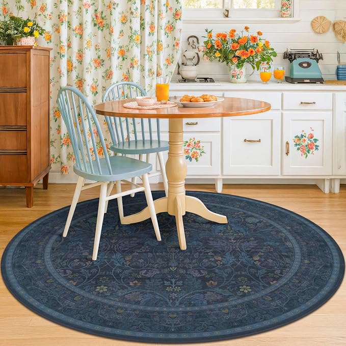 Washable 6ft Round Living Room Rug, Thin Circle Rug for Dining Room Under Table Non Slip, Floral Carpet Boho Décor Bedroom (Dark Blue)