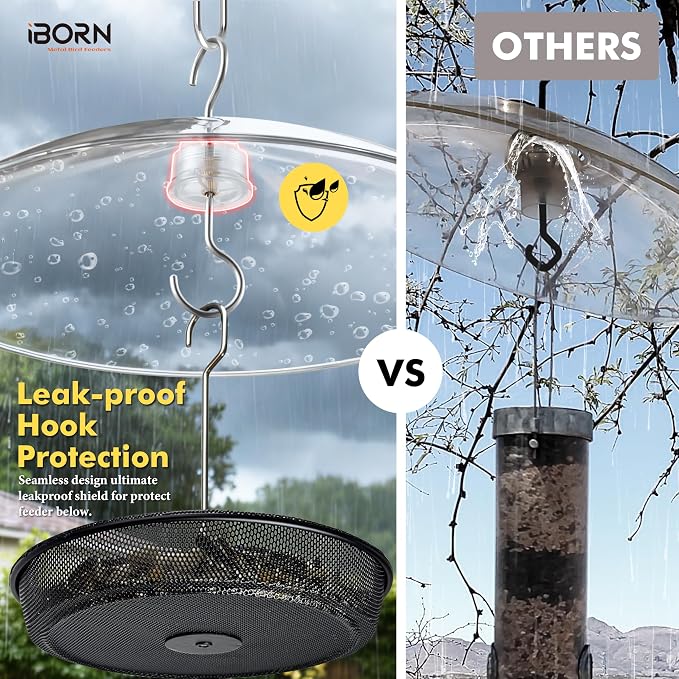 iBorn Hanging Bird Feeder Tray & Rainroof Cover, Bird Feeder Bowl with 13”Bird Feeder Cover for Rain Guard, Chew-Proof Polycarbonate & Thick Metal Hanger, Easy to Refill & Clean, Transparent & Black