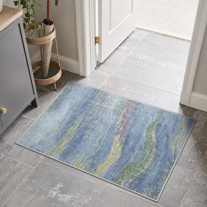 BEIMO 2x3 Washable Doormat Rug for Entryway, Wave Abstract Ocean Blue | Soft Machine Washable Modern Area Rug,Streaks Pattern Non Slip Indoor Small Carpet for Entrance,Bathroom, Bedroom