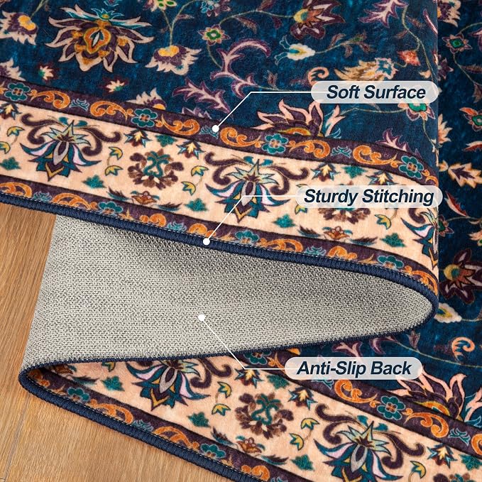 Tangsoo 2x3 Washable Rugs for Entryway, Small Area Vintage Floral Rug Non-Slip Soft Low Pile Rugs, Small Carpet Door Mat, Front Door Indoor Throw Rug for Entrance Kitchen Entry, Home Decor Navy Blue