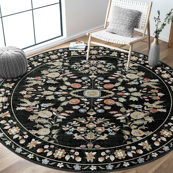 Round Rugs 6ft Circle Area Rug Washable Non Slip Ultra-Thin Floral | Machine Washable Large Circular Throw Carpet for Living Room Dining Room Floor Indoor Low Pile Boho Vintage Black