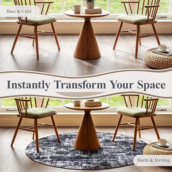 Sasttie 8ft Round Rug, Modern Abstract Large Circle Carpet, Black & White | Machine Washable, Ultra-Soft Faux Wool, Low Pile, Non-Slip, Lightweight, Thin, for Living Room, Bedroom, Dinning Room & Dorm