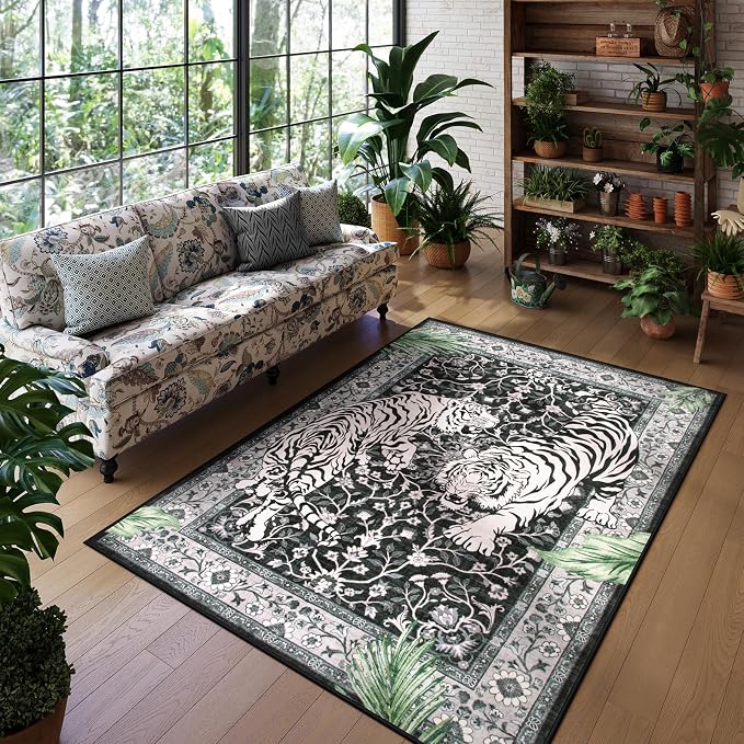 Moynesa Tiger 5x7 Area Rugs, Boho Washable Rugs for Living Room, Vintage Soft Dining Room Rug, Non Slip Ultra Thin Stain Resistant Large Floor Carpet for Office Bedroom, Black