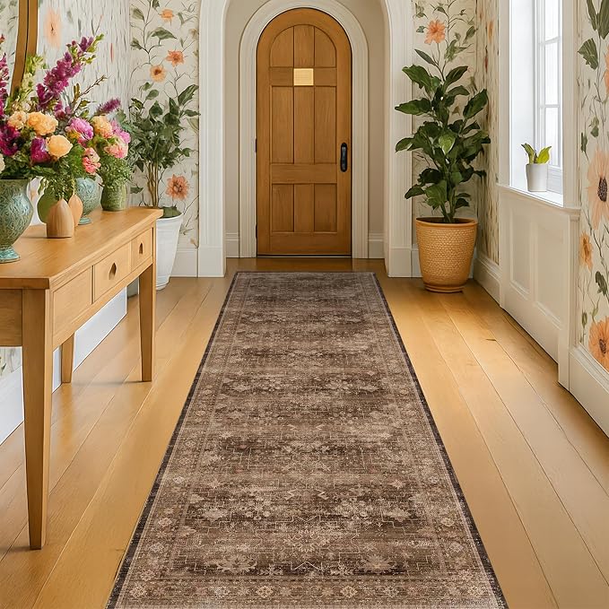 Brown Earthy Boho Washable 3x10 Extra Long Hallway Runner Rug, Waterproof Large Kitchen Floor Rug Indoor, Non-Slip Stain & Fade Resistant, Vintage Dark Taupe Decor