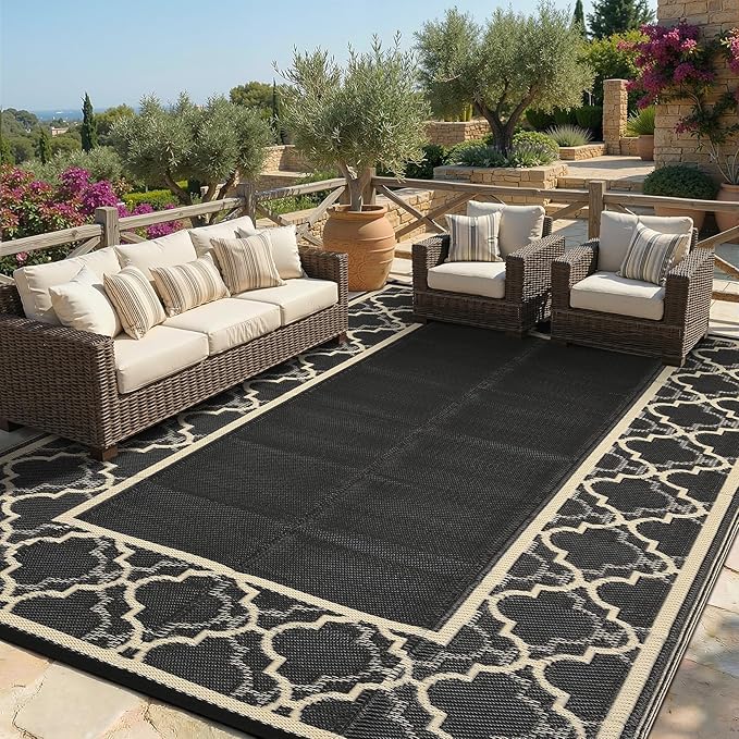 Garvee Reversible Outdoor Rug 6x9, Waterproof Outdoor Plastic Straw Rug with Interlacing Pattern, RV Mat for Picnics, Patio, Camping, Balcony, Deck, Backyard, Porch, Coffee