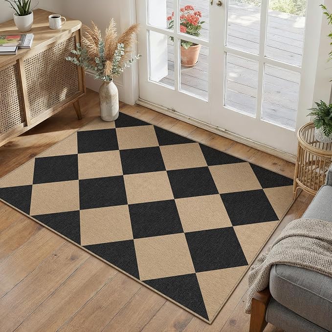 PureCozy 2x3 Checkered Easy Jute Kitchen Front Doormat Non Slip Washable Neutral Area Rug Diamond Non Shedding Low Pile Black Checkerboard Floor Carpet for Farmhouse Entryway Porch Doorway