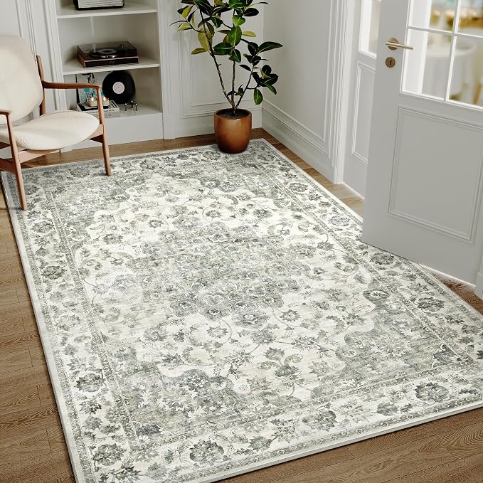 5x7 Green Neutral Area Rug | Washable, Non Slip, Soft Low Pile, Vintage Farmhouse, for Living Room Bedroom Dining Room Office Indoor Home Decor