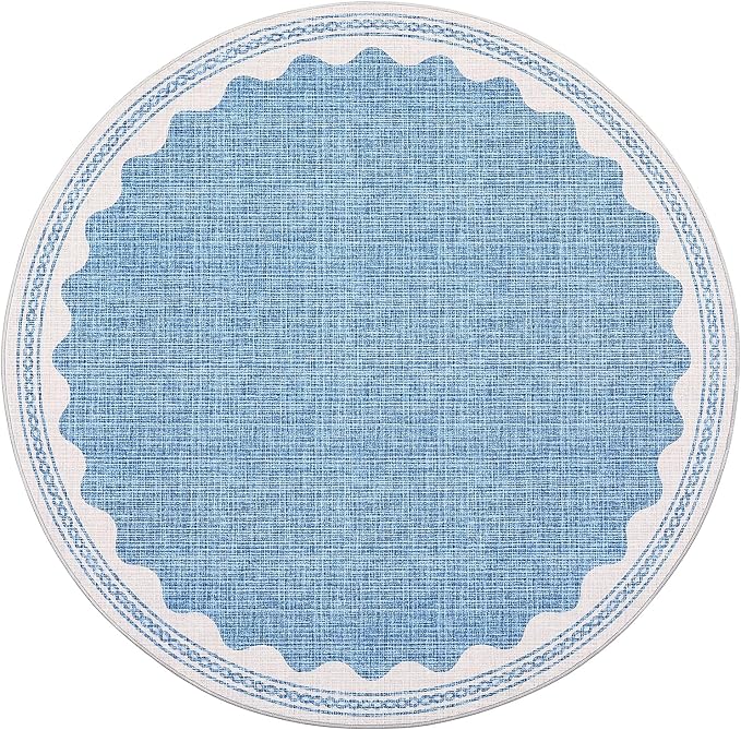 4ft Scalloped Round Rug Blue Washable Living Room Bedroom Area Rugs | Small Solid Rug for Bedroom Girls, Non Slip Scalloped Round Bath Mat, Soft Dorm Nursery Carpet for Bedside