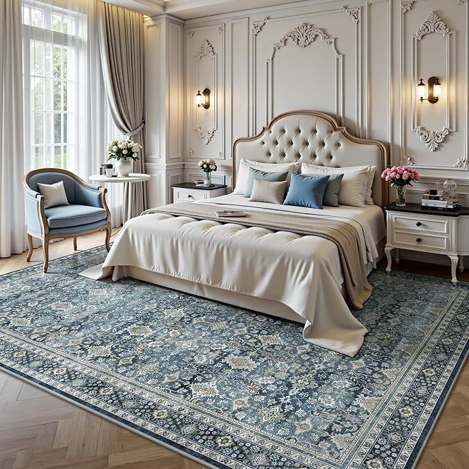 6x9 Area Rugs - Washable Vintage Retro Living Room Rug, Soft Ultra Thin Non Slip Low Pile Traditional Distressed Boho Carpet for Bedroom Dining Room Nursery Home Office, Blue