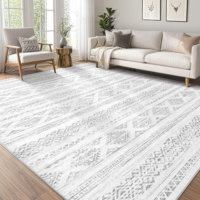 Tortania Area Rug Living Room Rugs - 10x12 Washable Large Soft Neutral Boho Moroccan Bohemian Farmhouse Rug Indoor Floor Carpet for Bedroom Under Dining Table Home Office Decor - Ivory Gray