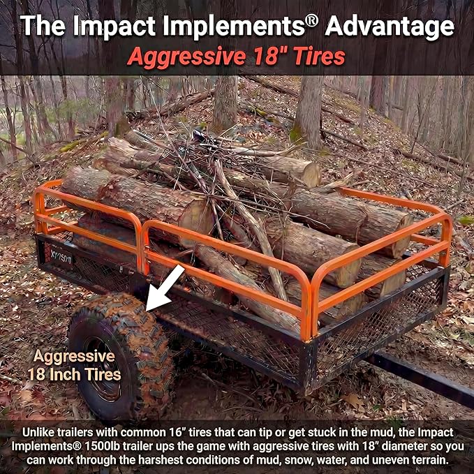 Impact IMPLEMENTS® 1500lb ATV/UTV/Tractor Trailer with Solid Steel Floor, Aggressive Tires, & Pivoting Tongue. Great for Agricultural Use & Land Management. Designed in Trademarked in The USA!