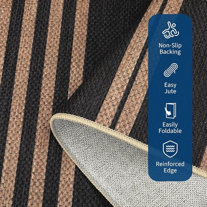 Garvee 2x6 Easy Jute Kitchen Rugs Washable Rugs for Hallway, Black & Brown | Modern Line Print Area Rug Stain Resistant Easy Cleaning Throw Rugs Low Pile Floor Cover for Bedroom Laundry
