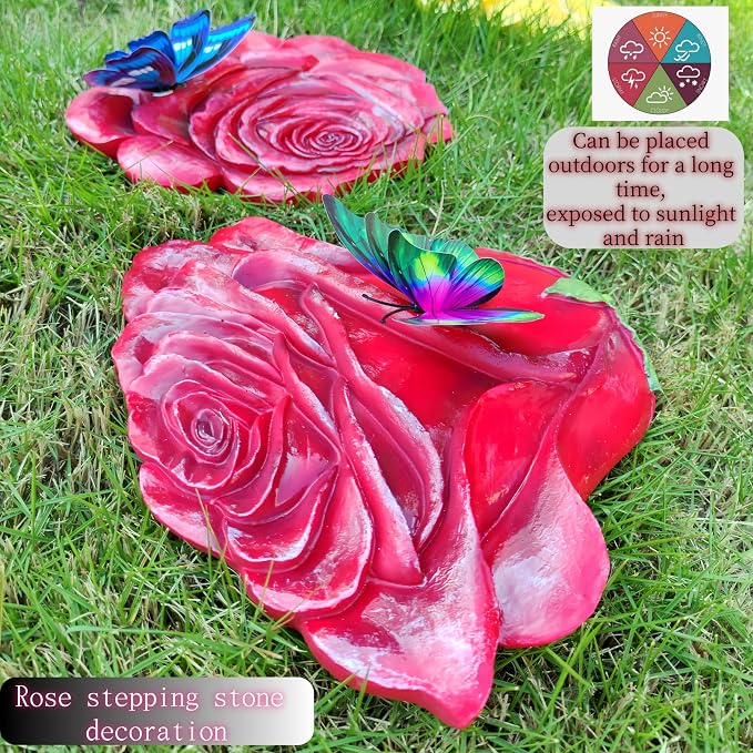 Simulated rose home decor gift - outdoor garden landscape flower stepping stone - rose for mothers, sisters, besties, grandmothers, and maternal grandmothers as a festive gift - 2-piece set, red