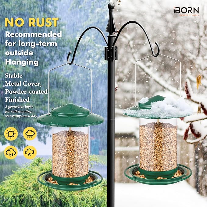 iBorn Metal Bird Feeders for Outdoors Hanging,Wild Bird Feeders for Cardinal,18cm Large Roof &Tray New Green 6 Port (Seed is not Included)