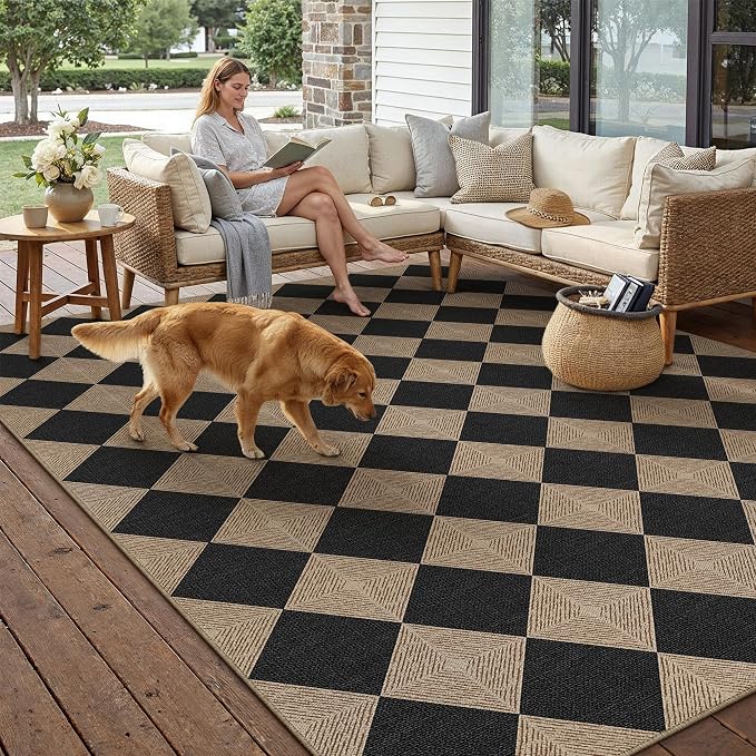 PureCozy 6x9 Checkered Easy Jute Area Rug for Living Room Large Checkerboard Washable Indoor Outdoor Carpet Farmhouse Patio Office Mat Textured Diamond Non Slip Black Carpet for Backyard Dining Room