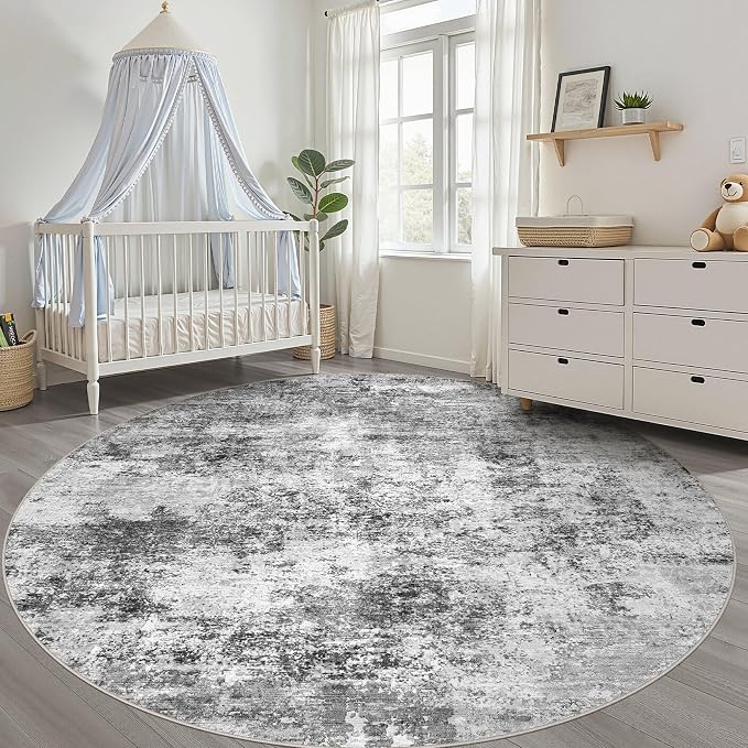 LOONGRUG Round Rug 8x8 Washable Neutral Modern Living Room Rug Black Gray | Circle Large Abstract Soft Stain Resistant Indoor Non-Slip Carpet for Bedroom Nursery Kids Office Playroom Dining Room