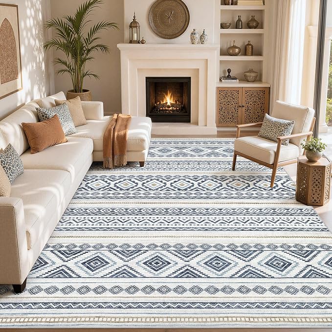 cotiled Boho 9x12 Area Rug for Living Room: Large Moroccan Washable Rug | Solve Modern Neutral Trendy Home Decor - Stain Resistan Carpet for Bedroom Farmhouse Dining Room Blue