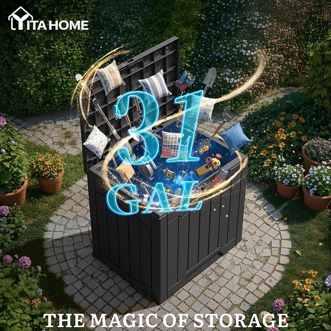 YITAHOME Outdoor Resin Storage Box 31 Gal | Water-resistant Patio Deck Box Outdoor Storage Box for Pillows, Garden Equipment, Securely Lockable, Black