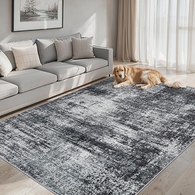 PLHXFR 9x12 Area Rug Living Room: Abstract Washable Carpet Dark Black | For Bedroom Dining Room Farmhouse Nursery Home,Machine washable,Non Slip,Large Soft Neutral,Stain Resistant, Indoor Floor