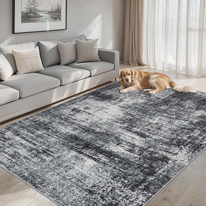 PLHXFR Area Rug Living Room: 4x6 Abstract Washable Carpet Dark Black | For Bedroom Dining Room Farmhouse Nursery Home,Machine washable,Non Slip,Large Soft Neutral,Stain Resistant, Indoor Floor