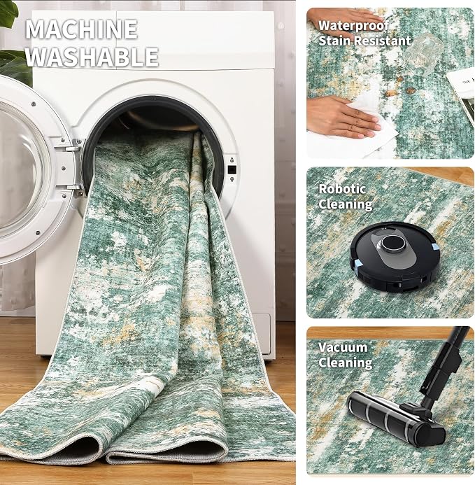 ROYHOME Abstract Runner Rugs 2x6 for Hallway Kitchen Green | Low Pile Ultra Soft Stain Resistant Non Slip Non Shedding Throw Rug for Bedroom Home Decor