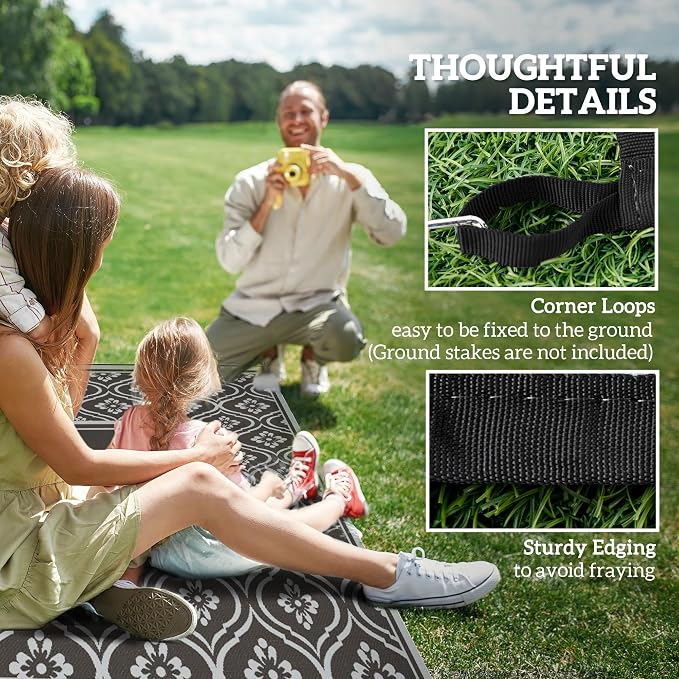 Outsunny Outdoor Rug for Patio, 9' x 18' Waterproof Large Mat, Reversible Plastic Straw Rug for Decor, Portable Outside RV Camping Area Carpet Mat for Backyard Porch Deck Picnic, Black & Gray Gourd