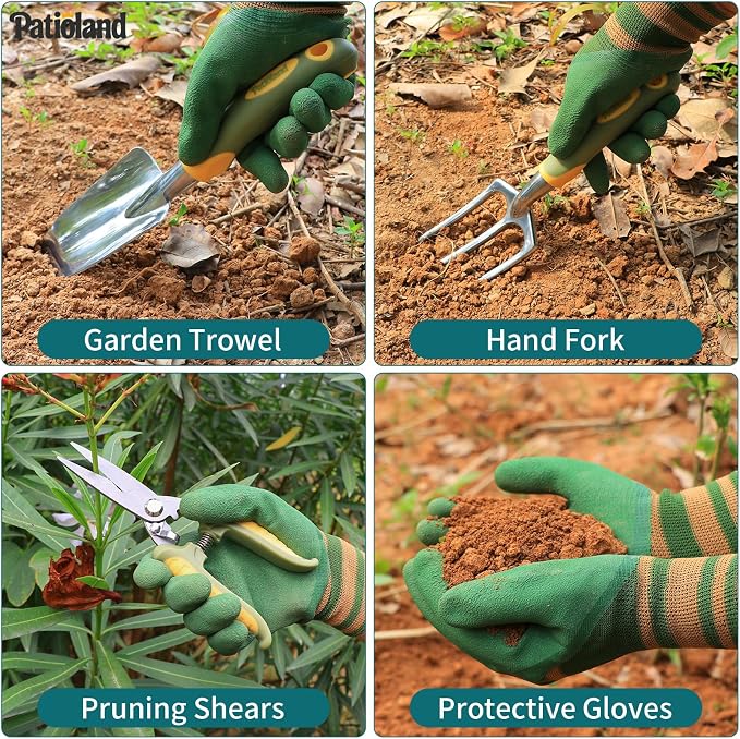4-Piece Green Garden Tools Set,Patioland Ergonomic Gardening Hand Tools w/Hand Trowel,Cultivator Rake,Pruning Shear & Gloves for Planting Weeding,Yard Tools Gift for Women Men Gardender Plant Lovers