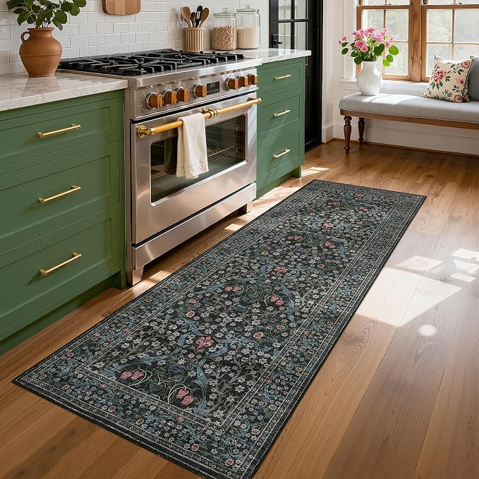 GarveeHome Dark Black Floral 2x6 Washable Kitchen Runner Rug | Vintage Stain Resistant Rugs for Entryway Hallway Bedroom Bathroom Low-Pile Non-Slip Soft Botanical Boho Rug TPE Backing