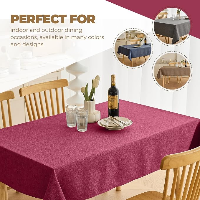 Decorelia Christmas Red Waterproof Faux Linen Rectangle Tablecloth, Spillproof Outdoor Reusable Table Cloth for Patio,Holiday,Banquet,Party,Buffet Dinner (Oblong,60 x 120 Inch (10-12 Seats),Burgundy)