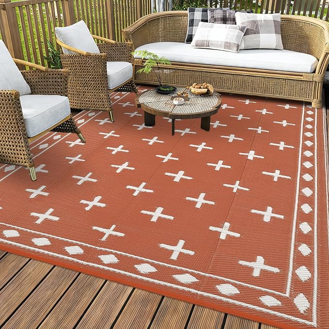 Outdoor Patio Rug 9x18 Waterproof Outside Area Rugs Modern Reversible Plastic Straw Carpet for RV Deck Camping Entryance Porch Picnic Balcony Beach，Orange/White