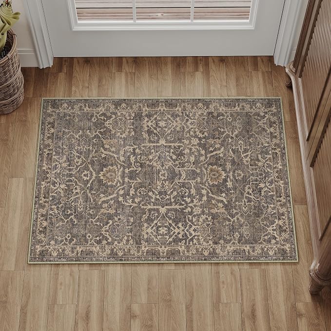 2x3 Brown Vintage Floral Washable Area Rug for Entryway | Low Pile, Non Slip, Retro Style, Soft Distressed Indoor Rug for Bedroom, Dining Room, Kitchen, Entrance, Home Decor