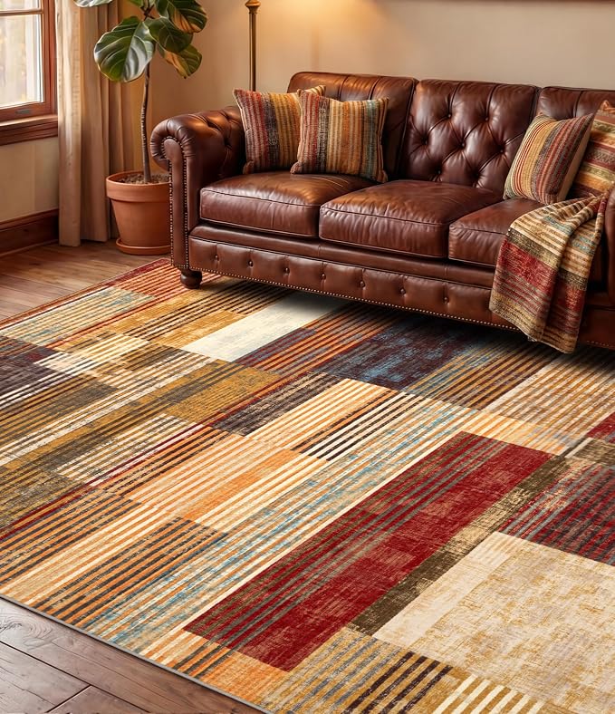Brown Area Rug 5x7, Farmhouse Rugs for Bedroom,Vintage Burgundy Carpets Washable,Burnt Orange Area Rug Non Slip,Geometric Boho Rug for Kitchen,Dining Room