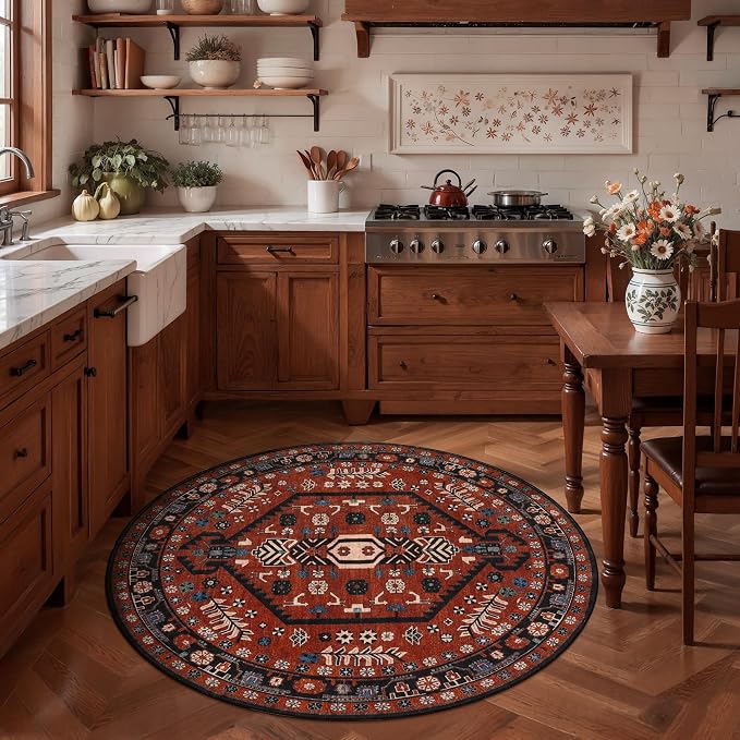 Ciicool 4ft Round Area Rug for Entryway,Washable Soft Circle for Kitchen | Vintage Non-Slip Low-Pile Oriental Indoor Mat Soft Boho Entry Carpet for Bedside Living Room Laundry Bathroom Dining Room