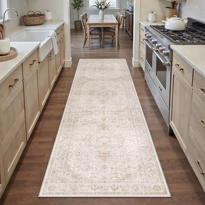 2x8 Runner Rug Hallway Vintage Beige Machine Washable Neutral Floral Low Pile Carpet Vacuumable Thin Long Throw Rug Bedroom Office Bathroom Kitchen Laundry Non Slip Soft Lightweight
