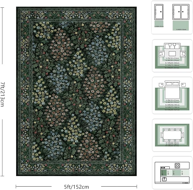5x7 Area Rugs, Vintage Washable Rug for Bedroom, Indoor Non-Slip Rugs for Living Room, Dining Room, Low Pile Floral Rug(Dark Green Floral)