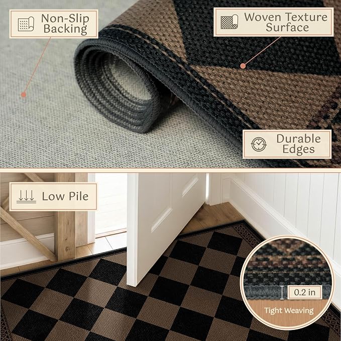 Black and White Easy Jute Checkered Runner Rug 2x6, Washable Kitchen Runner Rug Non Slip, Boho Diamond Indoor Outdoor Carpet for Entryway Hallway Bedroom, Stain Resistant Farmhouse Home Décor