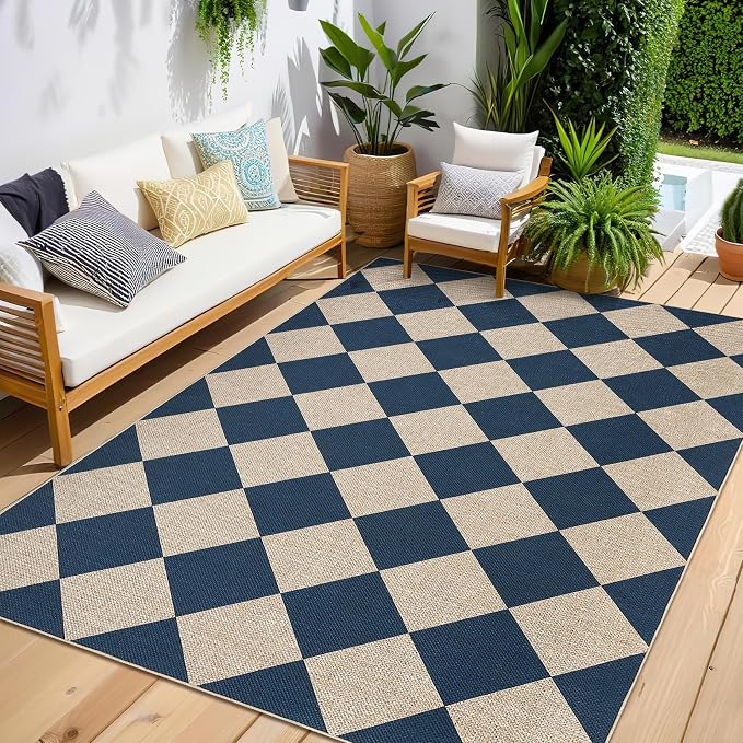 GarveeHome Checkered Easy Jute Area Rug 10x13 Machine Washable Non-Slip Stain Resistant Indoor Outdoor Rugs for Living Room, Bedroom, Kitchen, Dining, Patio Farmhouse Style Navy Blue