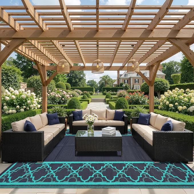 Garvee Reversible Outdoor Rug 10x14, Waterproof Outdoor Plastic Straw Rug with Interlacing Pattern, RV Mat for Picnics, Patio, Camping, Balcony, Deck, Backyard, Porch, Navy