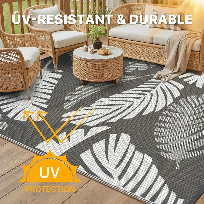 GENIMO Waterproof Outdoor Rug 6' x 9' for Patio Decor, Reversible Plastic Straw Area Rugs for Camping Clearance, RV Mat, Large Outside Carpet for Porch, Deck, Picni, Balcony, Garden, LightGrey & White