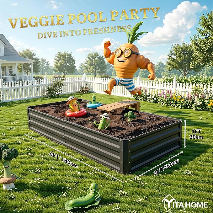YITAHOME 6x3x1ft 2pcs Large Raised Garden Bed Kit, Galvanized Metal Planter Box with Gloves, Ground Nails, Support Rod, Outdoor Above Ground Planters for Plants Vegetables Flowers, Black
