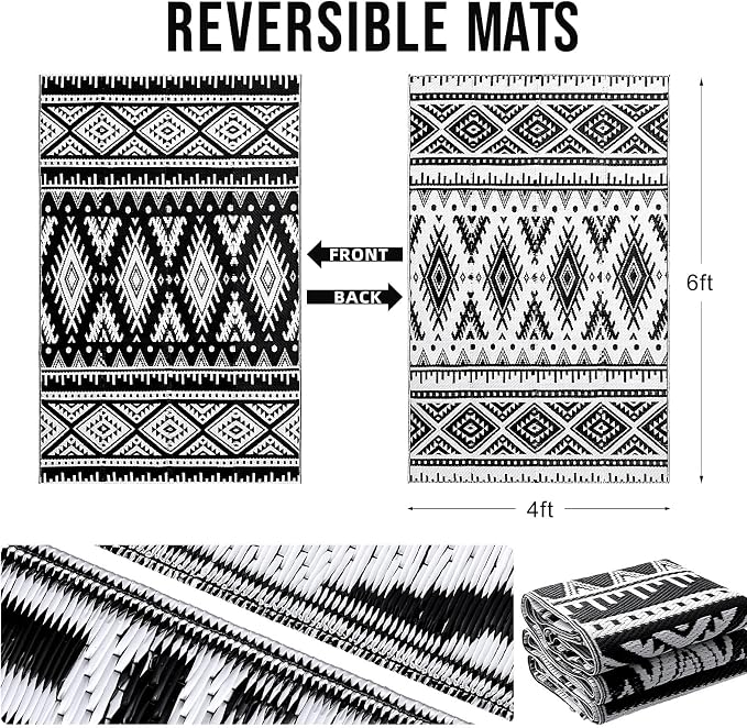 OLANLY Outdoor Rug Waterproof 4x6 ft, Reversible Outdoor Plastic Straw Rug, Boho Patio Rug, Indoor Outdoor Carpet, RV Mat Outside for Patio, Camp, Picnic, Balcony, Deck, Backyard, Black & White