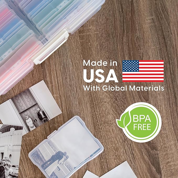 IRIS USA 4" x 6" |Made in USA| Photo Organizers and Picture Storage Box with Handle, 16 Inner Cases/Containers for Tasks, Stickers, Ephemera, & Flashcards - Clear