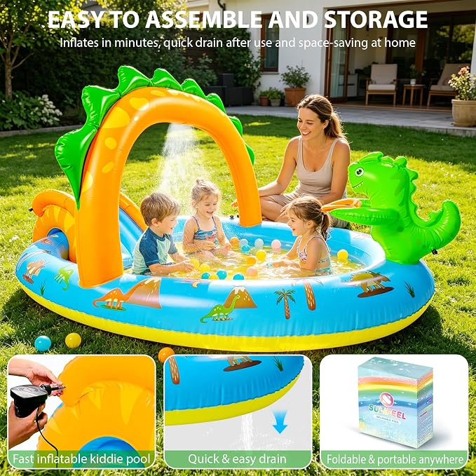 SULIFEEL 2026 Inflatable Dinosaur Play Center Kiddie Pool with Slide and Sprinkler for Children, Toddler Blow Up Splash Pad for Backyard and Garden 96"x59"x39"